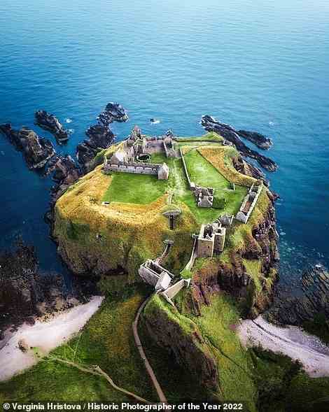 Dunnottar Castle in Aberdeenshire on Scotland's northeastern coast is framed by the North Sea in this epic aerial shot, which is shortlisted in the World History category