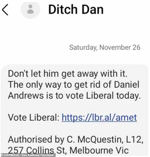 Die Liberale Partei schickte den Wählern einen Text, in dem sie aufgefordert wurden, am Wahltag am Samstag „Ditch Dan“ zu lassen
