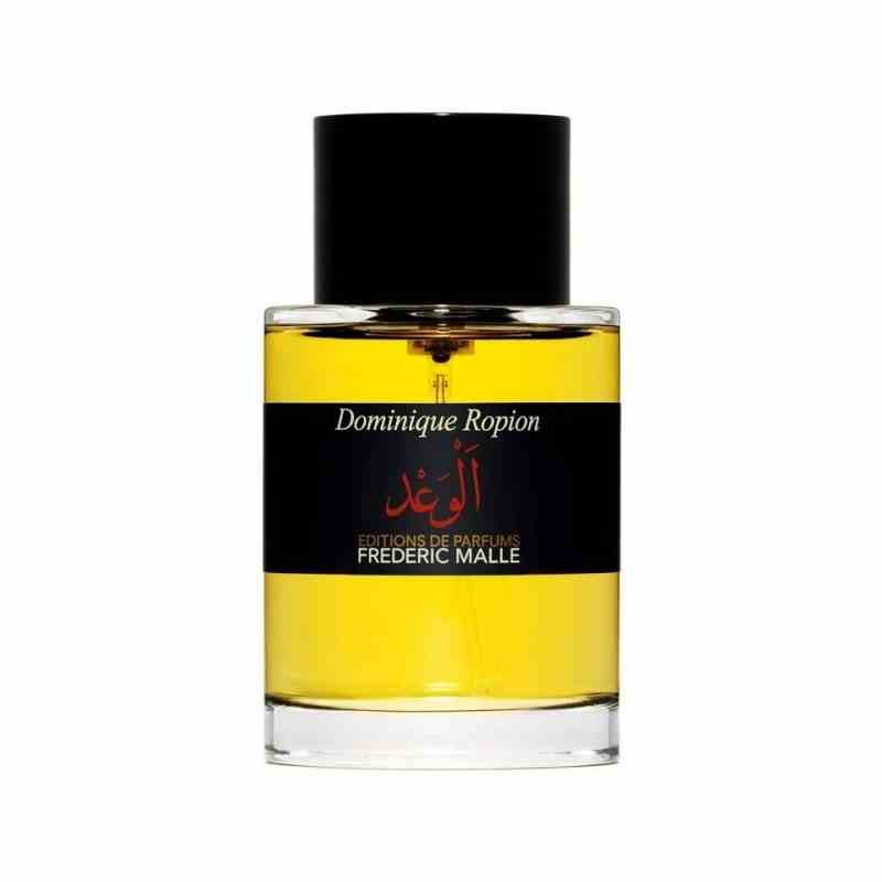 Frederic Malle Promise Eau de Parfum Flasche gelbes Parfüm mit schwarzer Kappe auf weißem Hintergrund