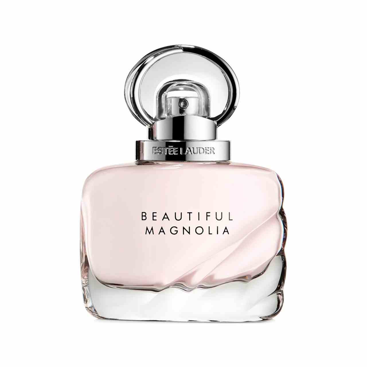 Estée Lauder Schöne Magnolia Eau de Parfum Flasche mit blassrosa Parfüm auf weißem Hintergrund