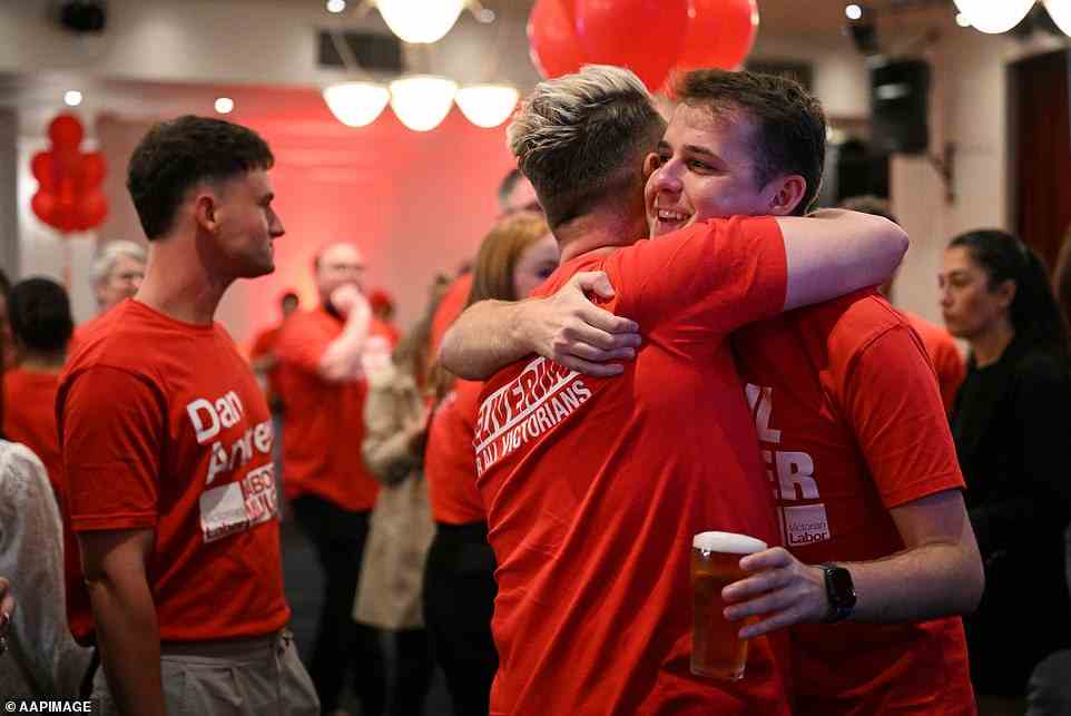 Jubilant Labor supporters react at the party's reception in Melbourne on Saturday after Mr Andrews' win