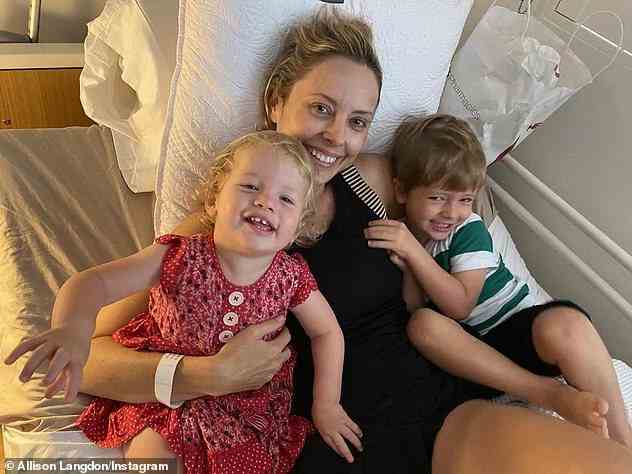 Langdon said she will 'enjoy being woken by the kids, walking them to school and daycare before ripping in at work' now that she's switching from breakfast TV to a nightly show.  Pictured alongside her children Mack, four, and two-year-old Scout