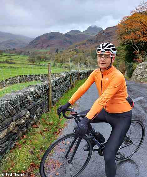 Ted's cycling comrade Colin, pictured en route to the Blea Tarn climb, with the Langdale Pikes looming beyond