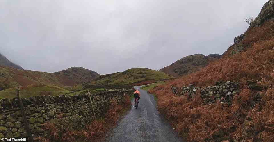The slog up Wrynose Pass begins, with Colin setting the pace. Ted writes of Wrynose: 'It's wild enough to weary the legs and lungs of even the fittest and lithest cyclists'