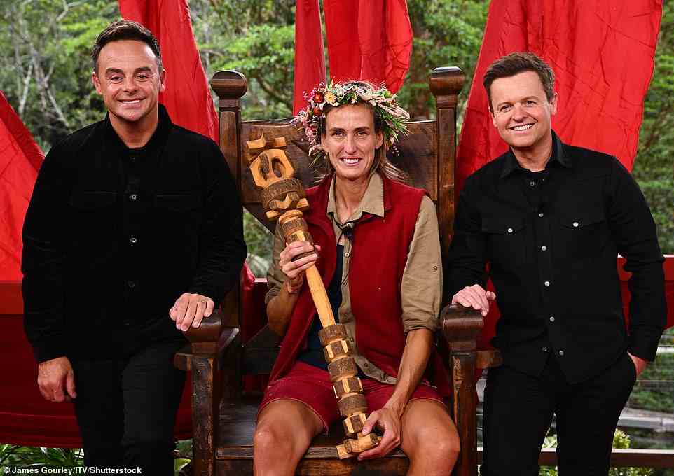 Queen of the Jungle! After congratulating the former midfielder on her win, Mike Tindall did the honours in placing the floral crown on Jill's head as she sat triumphantly on the wooden throne