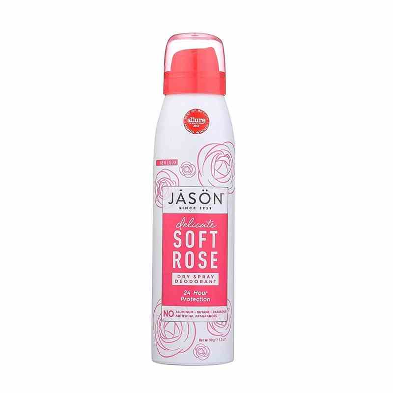 Eine weiße und rosa Aerosoldose des Jason Dry Spray Deodorant auf weißem Hintergrund