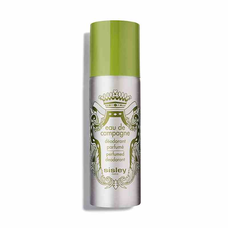 Sisley Paris Eau de Campagne Parfümiertes Deodorant in silberner Flasche mit grünem Verschluss auf weißem Hintergrund