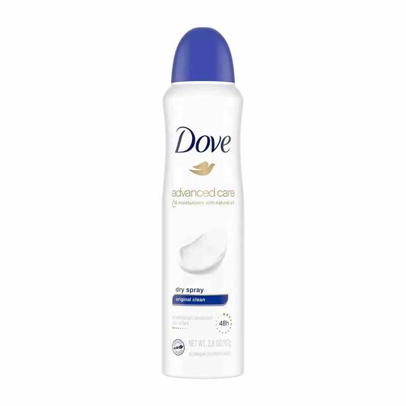 Dove Beauty Original Clean 48-Hour Antiperspirant & Deodorant Dry Spray mit blauer Kappe auf weißem Hintergrund