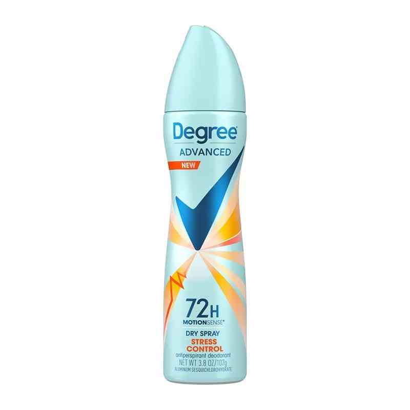 Degree Advanced Motionsense Antitranspirant & Deodorant Spray in hellblauer Sprühflasche auf weißem Hintergrund