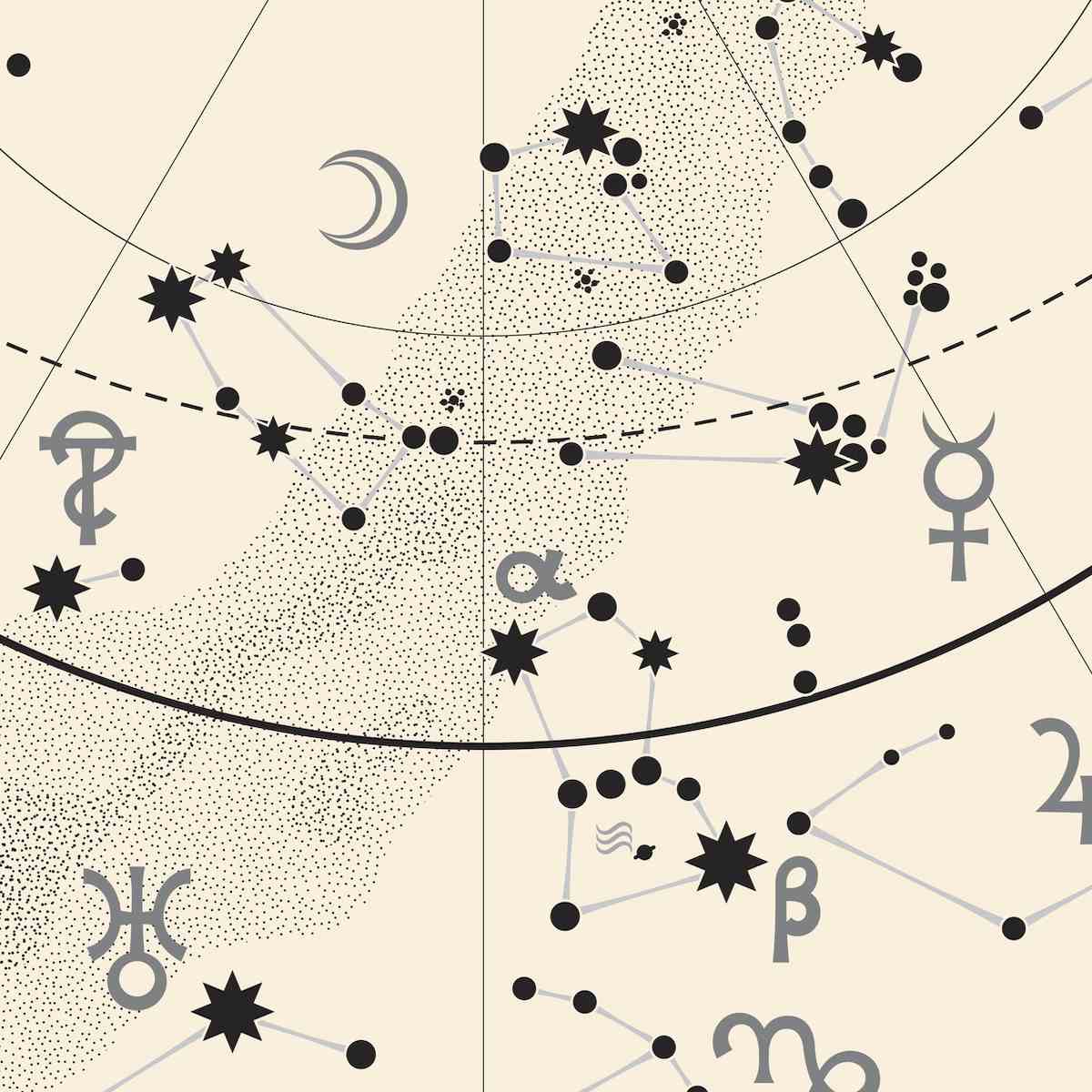 Fragment des astronomischen Himmelsatlas: Sterne, Himmel, Planeten.  (Antiker silberner Hintergrund EPS-8)