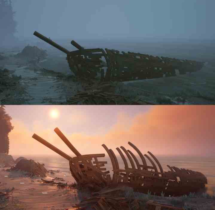Zwei Bilder nebeneinander zeigen ein Schiffswrack, das auf sein Skelett reduziert wurde. 