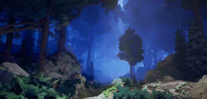 Eine unheimliche blaue Atmosphäre umhüllt einen dichten Wald in Two Falls. 