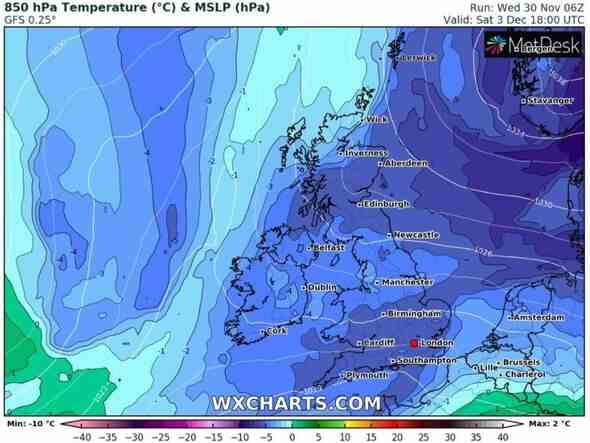 Karte der Schneetemperaturen in Großbritannien