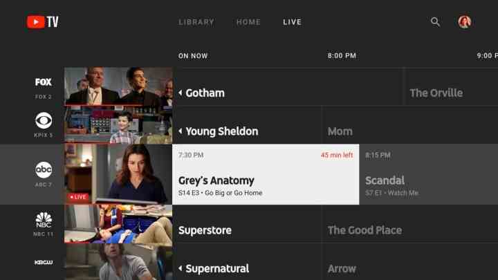 YouTube TV selections.