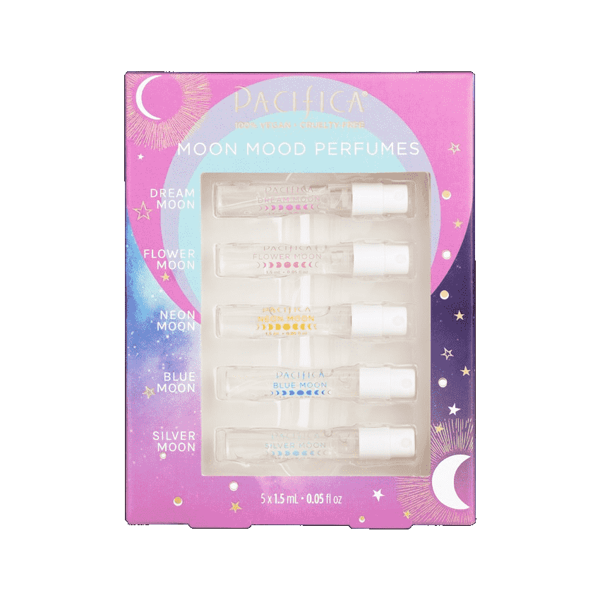 Pacifica Moon Moods Spray Parfums Travel Set lila Schachtel mit Parfümproben auf weißem Hintergrund