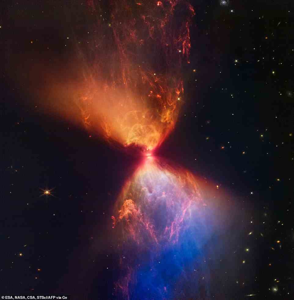 Das Bild dieses Protosterns zeigt eine „Sanduhr“-Form, die aussieht, als würde sie mitten in der Schwärze des Weltraums brennen, was nur im Infrarotlicht sichtbar ist.  Das Bild, das wie eine Explosion im Weltraum aussieht, zeigt den einst unsichtbaren Staub und die Wolken, die die Region umgeben, und im Zentrum der Sanduhr befindet sich der junge Stern, der gerade einmal 100.000 Jahre alt ist