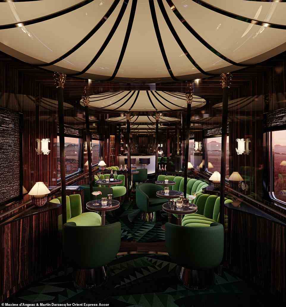 The Bar Car (above) is a ¿sumptuous¿ space with large light fixtures that are inspired by the eclectic Second Empire style of the 19th century