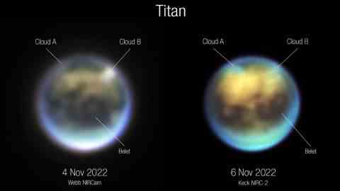 Astronomen verglichen Webb- (links) und Keck-Bilder von Titan, um zu sehen, wie sich Wolken entwickelt haben.  Wolke A scheint sich zu drehen, während Wolke B sich aufzulösen scheint.