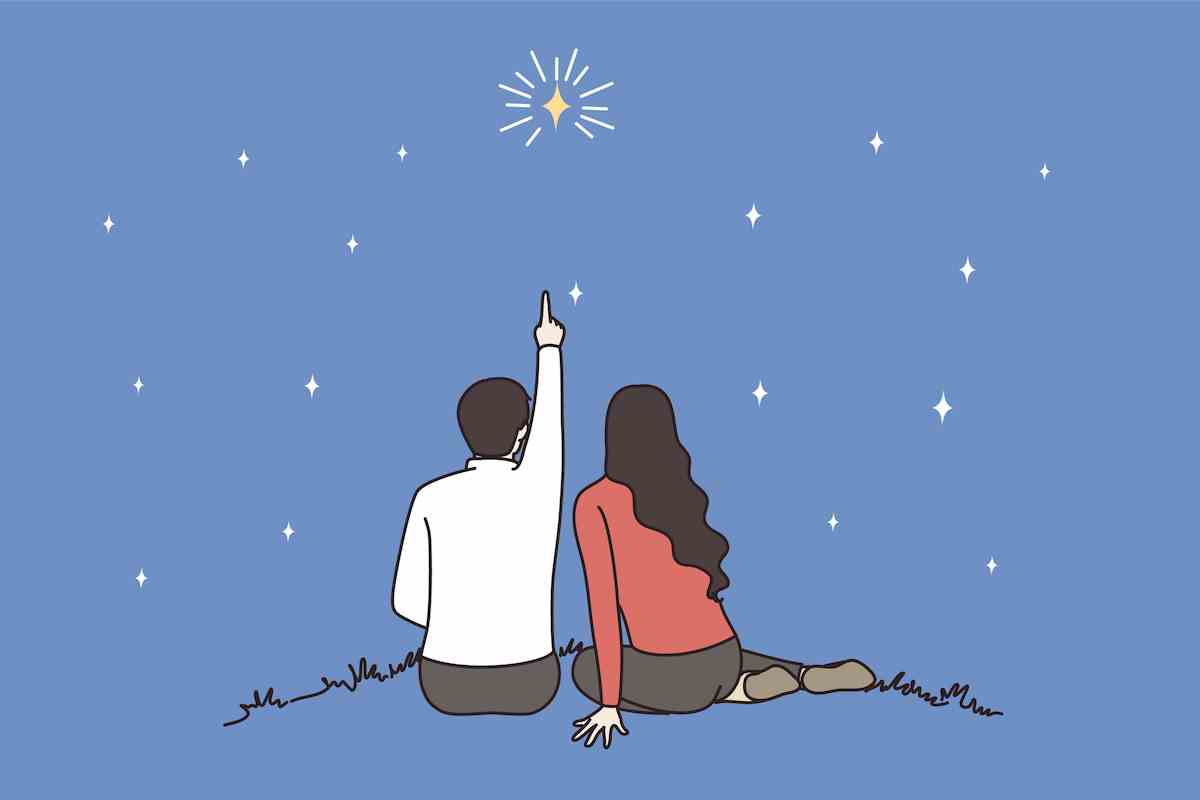 Rückansicht des Liebespaares sitzt im Freien und zählt Sterne an einem romantischen Abend zusammen.  Mann und Frau schauen in den dunklen Nachthimmel, genießen Romantik beim Date.  Liebes- und Beziehungskonzept.  Vektor-Illustration.