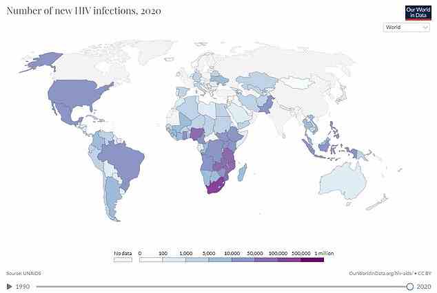 Das Obige zeigt die Anzahl der im Jahr 2020 nach Ländern gemeldeten HIV-Neuinfektionen. Das südliche Afrika verzeichnete die meisten Neuinfektionen.  Graue Länder müssen noch Daten melden