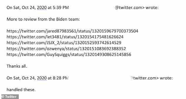 'More to review from the Biden team,' one staffer wrote on October 24, days ahead of the presidential election, listing five tweets. 'Handled these,' another replied three hours later.
