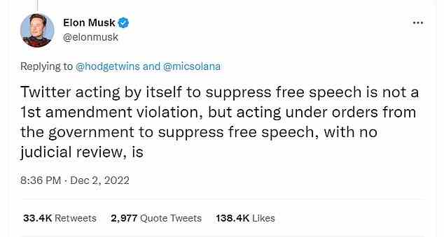 Following the host of seemingly damning posts, Musk, wrote, 'Twitter acting by itself to suppress free speech is not a 1st amendment violation, but acting under orders from the government to suppress free speech, with no judicial review'