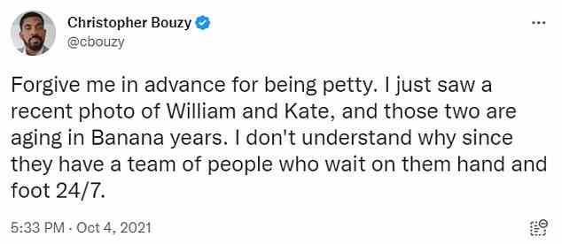 Christopher Bouzy (oben im Trailer zu Harry & Meghan abgebildet) twitterte letztes Jahr, dass der Prinz und die Prinzessin von Wales „in Bananenjahren“ alterten.