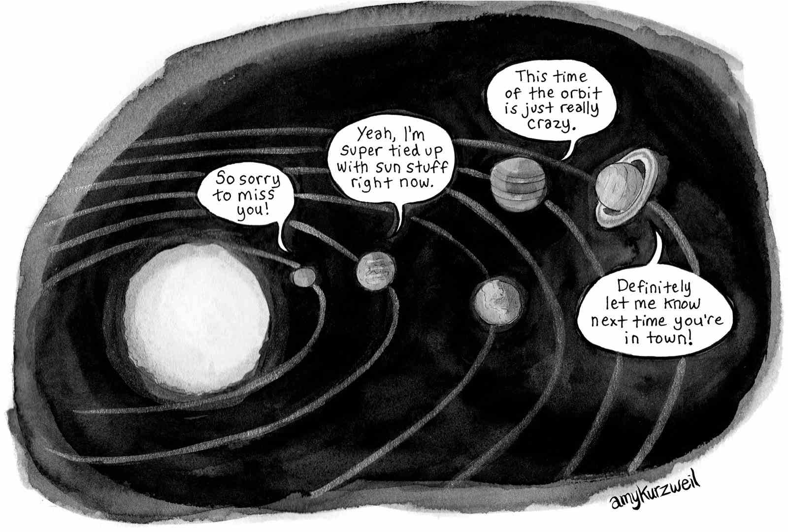Our solar system with planets giving excuses for being too busy to make plans.