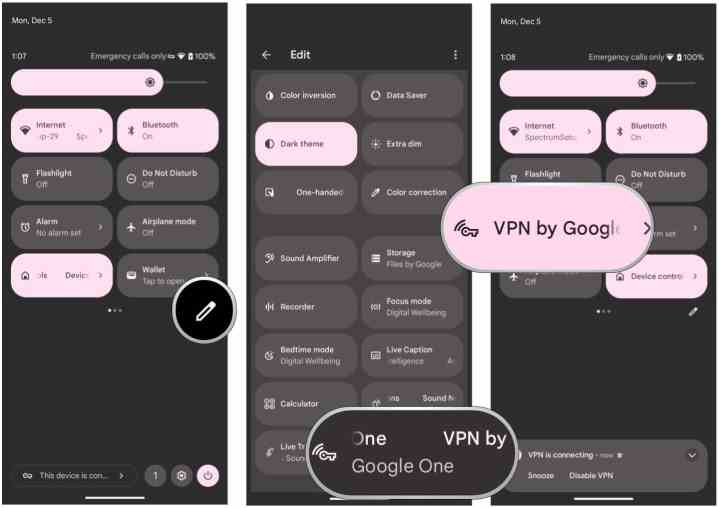 Fügen Sie Google One VPN zu den Schnelleinstellungen hinzu, indem Sie die Schnelleinstellungen anzeigen, Bearbeiten auswählen, VPN nach oben ziehen und die VPN-Kachel zum Ein- und Ausschalten auswählen