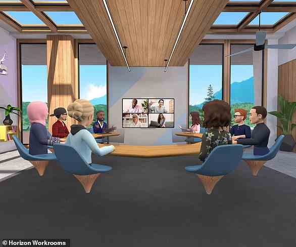 Da einige Unternehmen wegen der Covid-Pandemie immer noch von zu Hause aus arbeiten, hat Meta eine Virtual-Reality-Meeting-App namens Horizon Workrooms (im Bild) auf den Markt gebracht, die eines Tages mit Zoom und Skype für Ferngespräche konkurrieren könnte