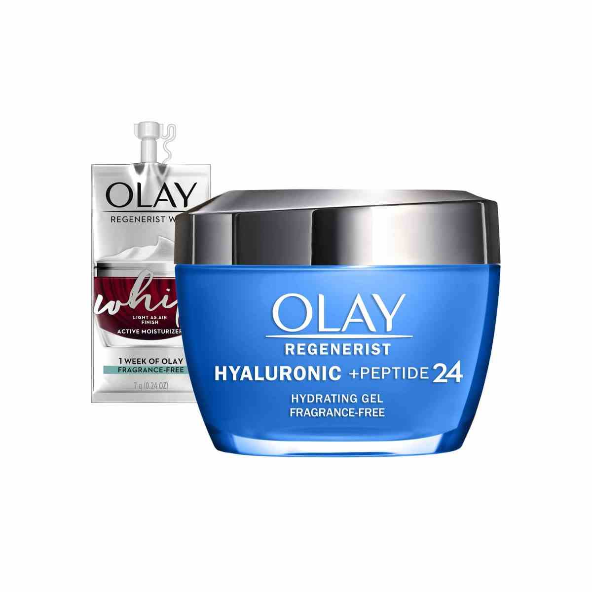 Olay Regenerist Hyaluronic Acid + Peptide Gel Face Moisturizer blaues Glas und silbernes Paket auf weißem Hintergrund