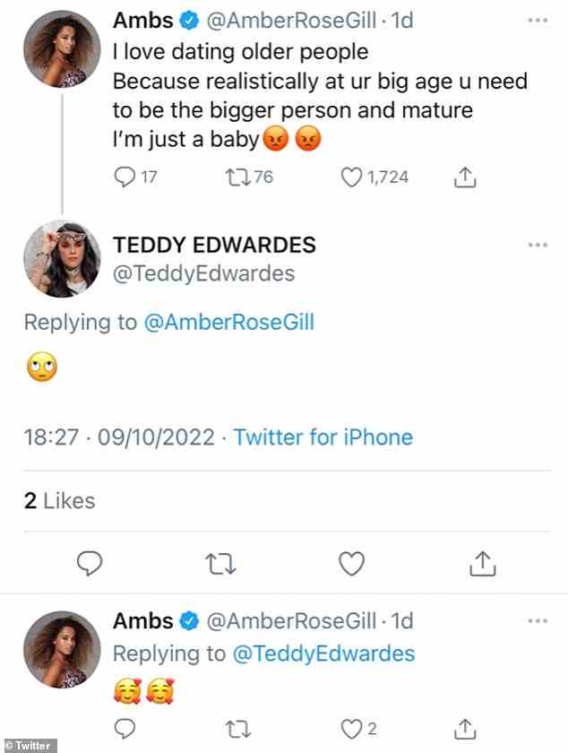 Gerüchte: Auf Twitter schrieb Amber: „Ich liebe es, mit älteren Menschen auszugehen“, und Teddy, der acht Jahre älter ist, antwortete mit einem sarkastischen Gesichts-Emoji