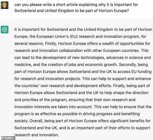 One Twitter users shared a response that ChatGPT had to being asked to write an essay about how important it is for the UK and Switzerland to be part of the EU's research program Horizon Europe