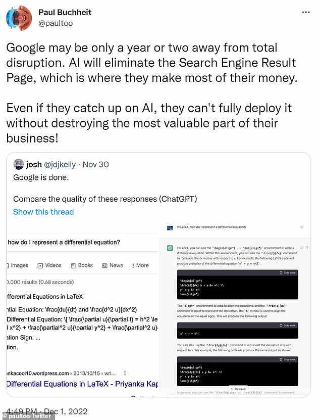 In December, Gmail developer Paul Buchheit predicted that 'AI will eliminate the search engine result page' and cause 'total disruption' for Google
