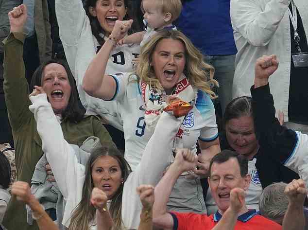Katie Goodland, Harry Kane's wife, is seen cheering after England scored