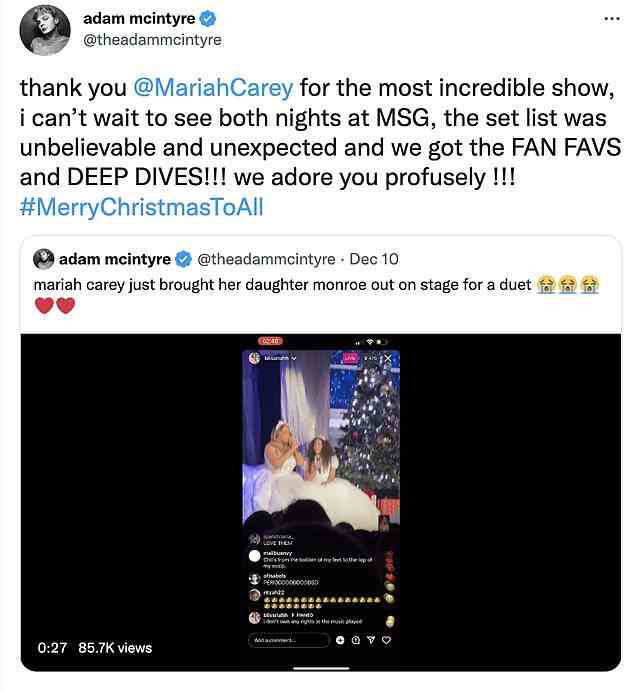 Erfreut: Ein Fan, der das Konzert besuchte, postete den süßen Moment auf TikTok, ein anderer teilte das Video erneut auf Twitter, während er schrieb: „Mariah Carey hat gerade ihre Tochter Monroe für ein Duett auf die Bühne gebracht.“