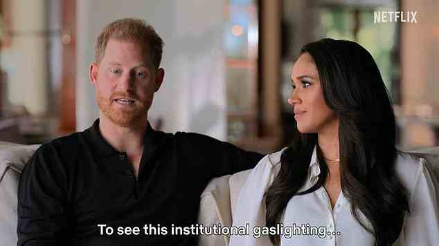 During the trailer, Harry makes the astonishing claim that he and Meghan were the victim of 'institutional gaslighting'