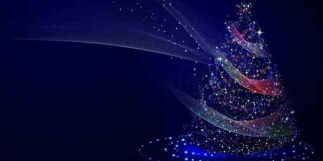 Ein wunderlicher blauer Weihnachtsbaum, der aus sich bewegenden Sternen und Lichtern besteht.
