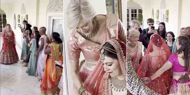 Viele indische Bräute tragen zu ihren Hochzeiten Rot;  Rot ist ein Symbol für Leidenschaft, Wohlstand und Neuanfang.