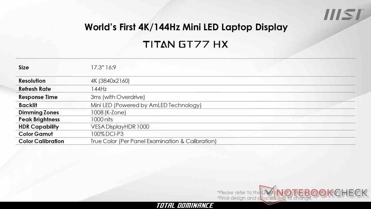 Ein durchgesickertes Datenblatt für den MSI GT77 Gaming-Laptop mit einem 4K 144Hz Mini-LED-Display.