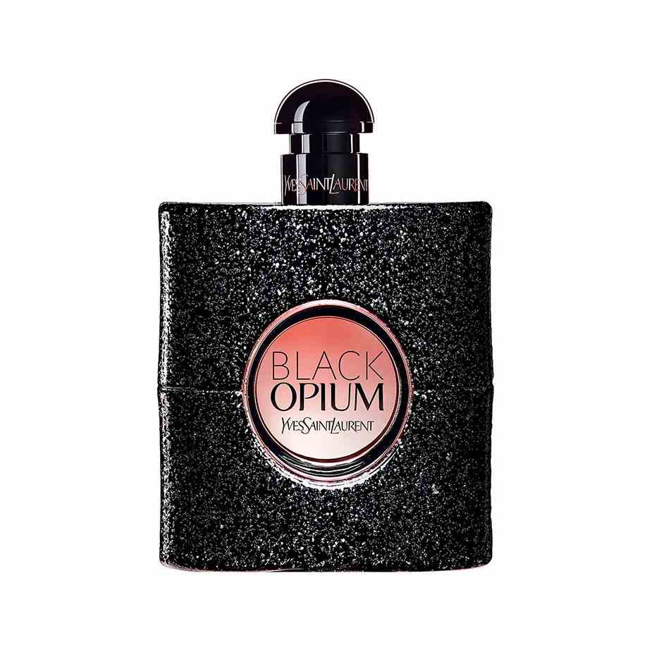 Yves Saint Laurent Black Opium Eau de Parfum schwarze quadratische Flasche Parfüm auf weißem Hintergrund
