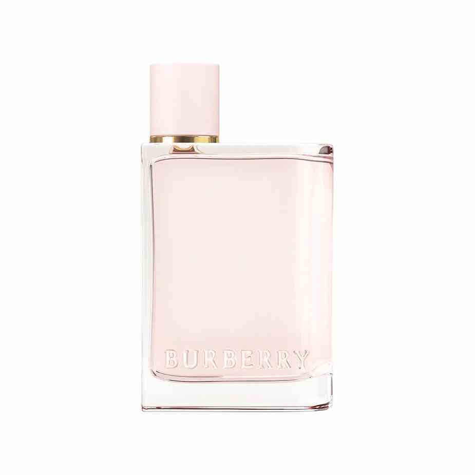 Burberry Her Eau de Parfum quadratische Flasche mit blassrosa Parfüm mit Deckel an der Seite auf weißem Hintergrund