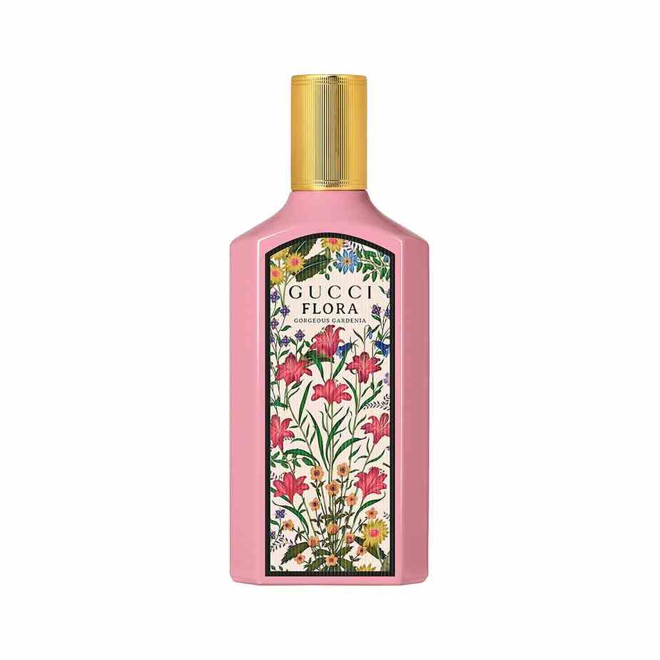 Gucci Flora Gorgeous Gardenia Eau de Parfum rosa Blumenflasche Parfüm auf weißem Hintergrund