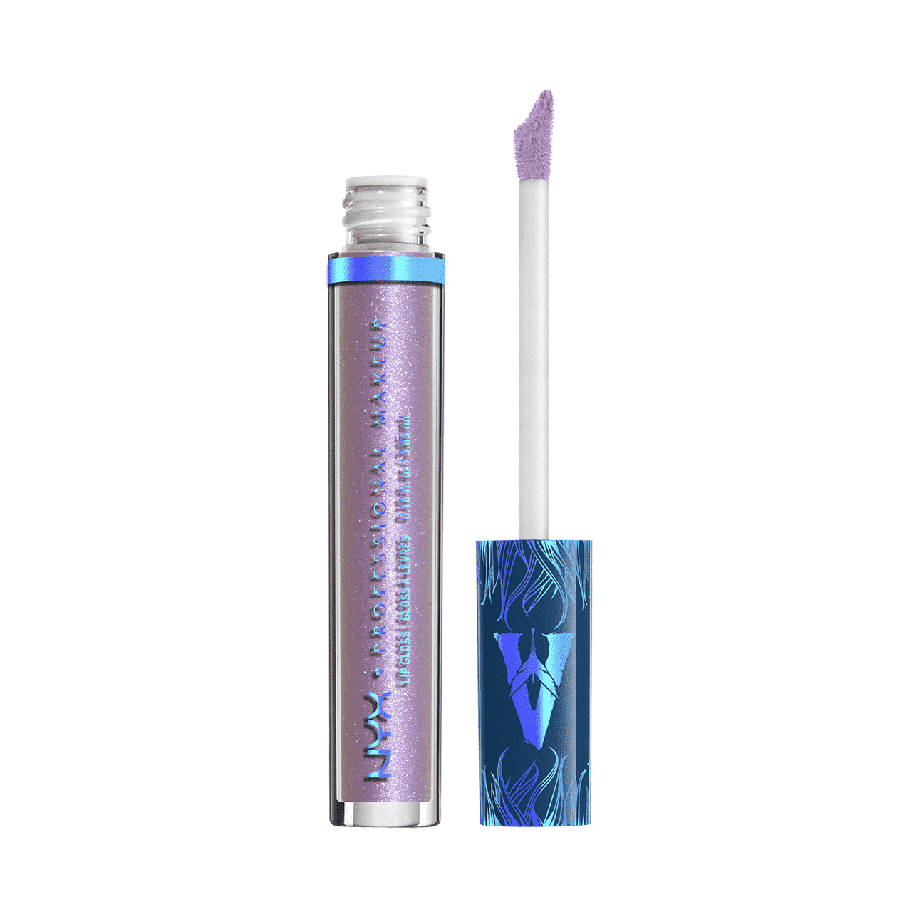 Nyx Professional Makeup Luminescent Lip Gloss Lila irisierender Lipgloss mit blauer Kappe auf weißem Hintergrund