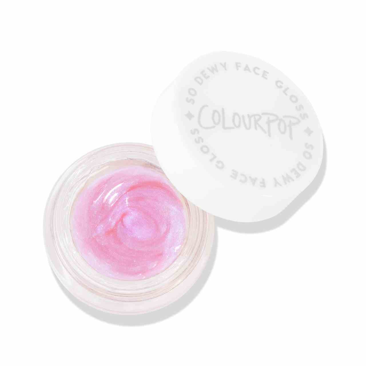 ColourPop So Dewy Face + Eye Gloss in Aurora Struck weißer Dose mit schillerndem rosa Eye Gloss auf weißem Hintergrund