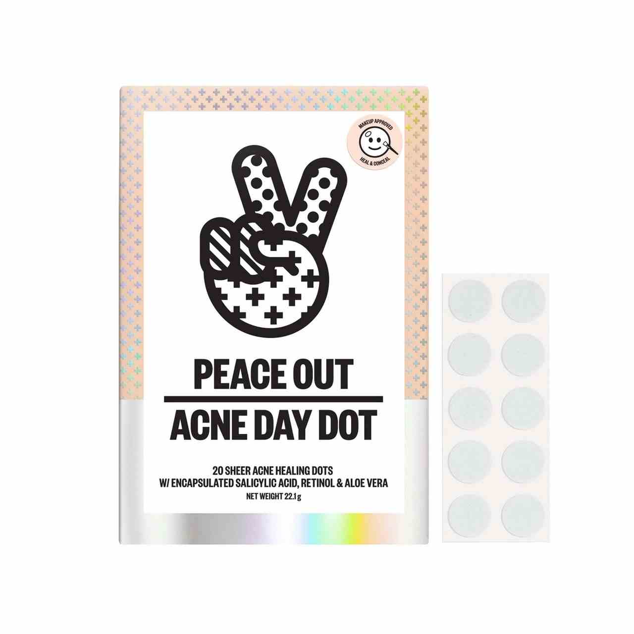 Peace Out Akne Day Dot Box mit Peace-Zeichen Handdesign auf weißem Hintergrund