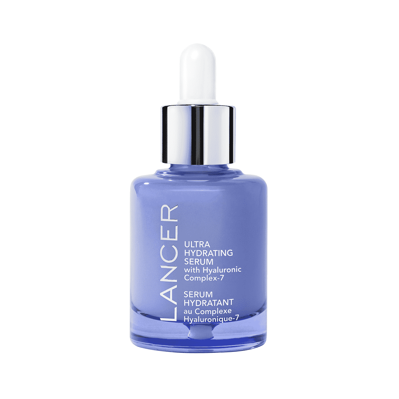 Lancer Skincare Ultra Hydrating Serum blaue Serumflasche auf weißem Hintergrund
