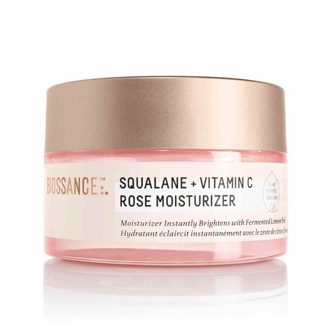 Biossance Squalane + Vitamin C Rose Moisturizer rosa Dose mit goldenem Deckel auf weißem Hintergrund