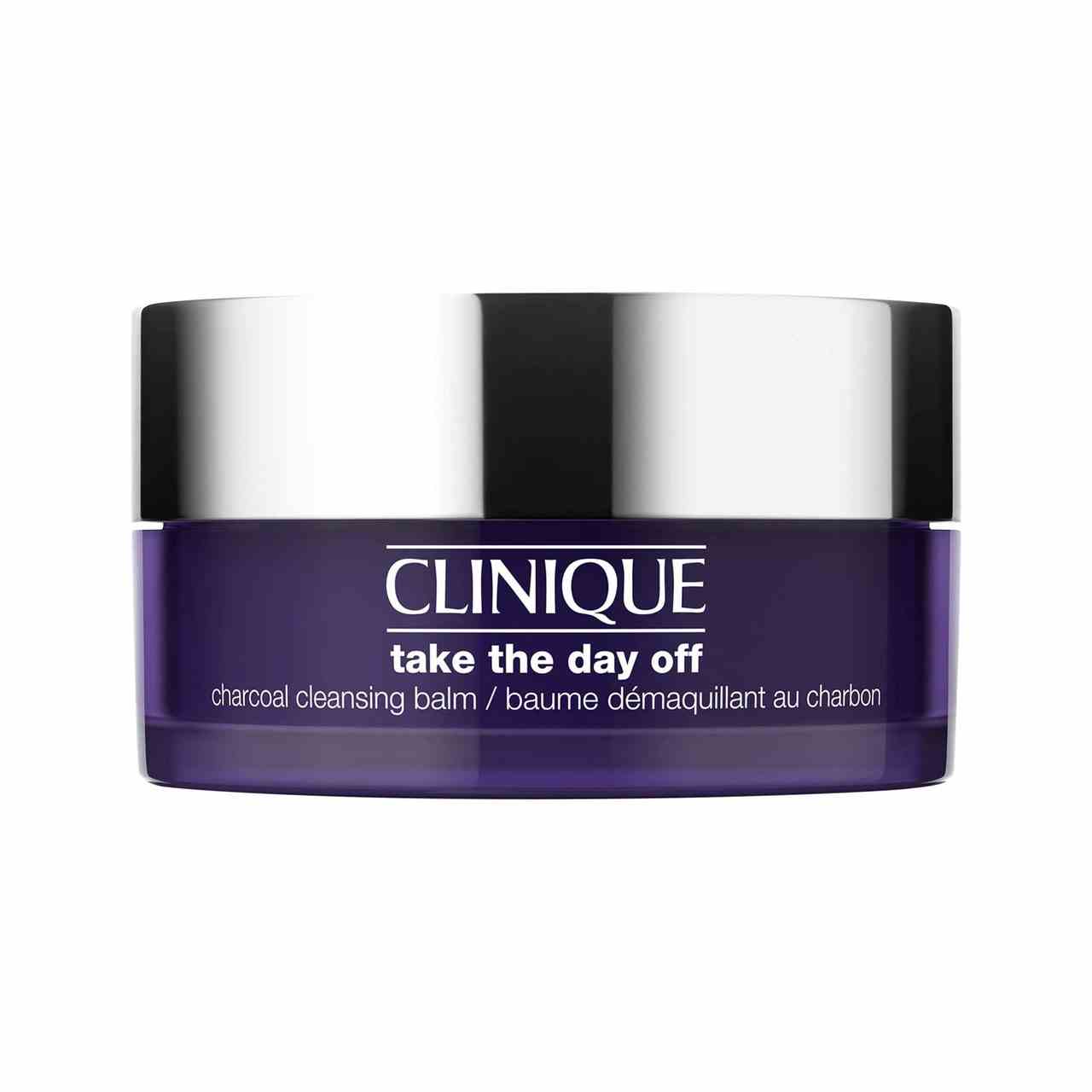 Clinique Take The Day Off Charcoal Cleansing Balm dunkelviolettes Glas mit silbernem Deckel auf weißem Hintergrund