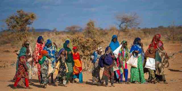 Menschen kommen am 19. September 2022 in einem Flüchtlingslager am Stadtrand von Dollow, Somalia, an. Somalia ist noch nicht in eine Hungersnot geraten, aber mehrere Teile des Landes sind laut einer neuen Ernährungssicherung in den kommenden Monaten davon bedroht Bericht über die schlimmste Dürre am Horn von Afrika seit Jahrzehnten, der am Dienstag, den 13. Dezember 2022 veröffentlicht wurde. (AP Photo/Jerome Delay, File)